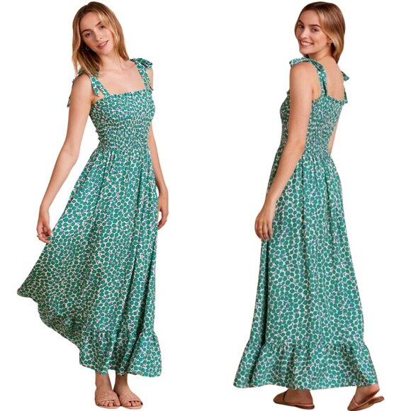 Summersalt Silky Luxe Smocked Maxi Dress Womens Medium Green Printed Bows Ruffle - Picture 1 of 16